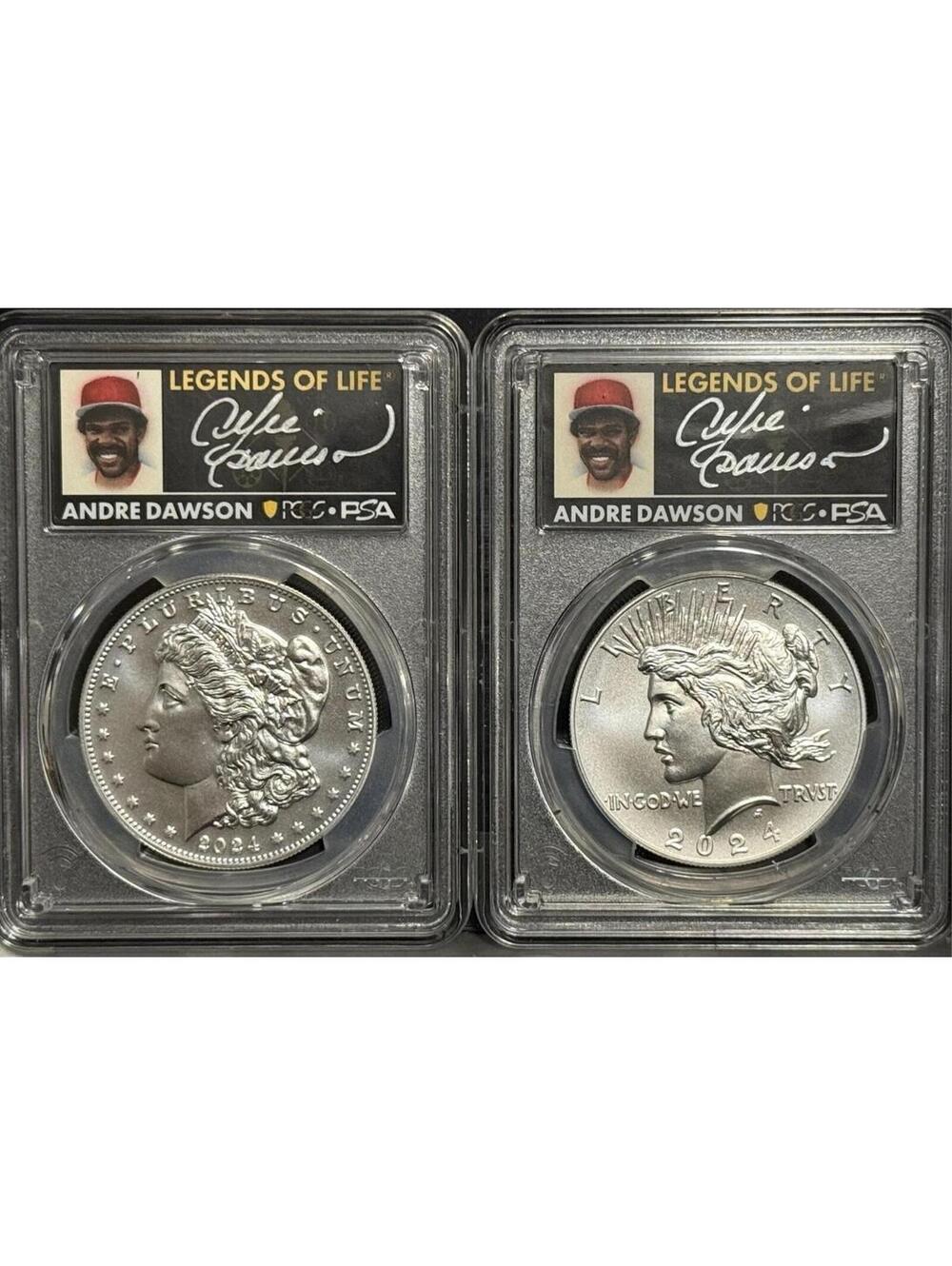 2 Coins 2024 Morgan Dollar + Peace Dollar • Andre Dawson Signed • PSA PCGS MS70